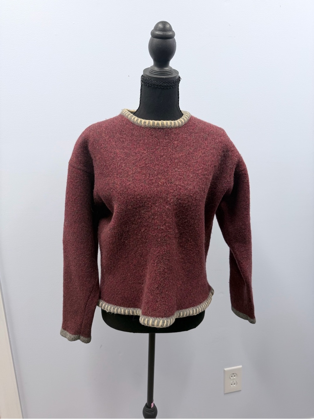 Women's Maroon Crewneck Sweater with Cream Contrast Trim